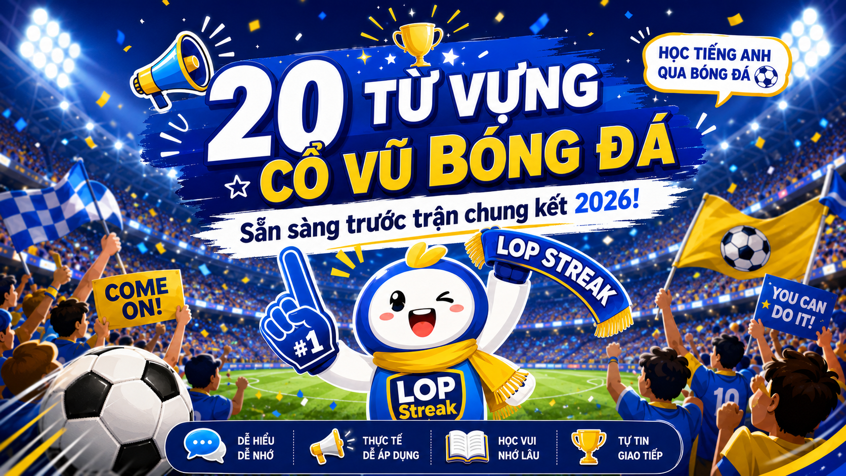 20 Từ vựng Tiếng Anh kèm câu thực hành cổ vũ trận Chung kết bóng đá World Cup 2026 🏆